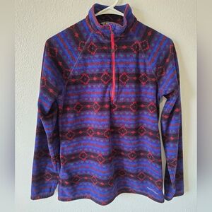 Eddie Bauer Fleece 1/4 Zip Pullover Womens M Blue Red Aztec Southwest Winter